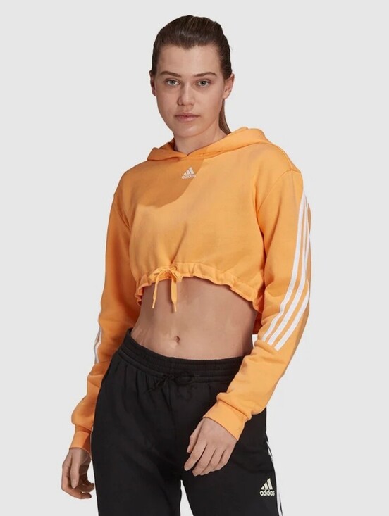 adidas Tops - ADIDAS Women’s Hazy Orange Cropped Hoodie 3-Stripe Pullover Size XL